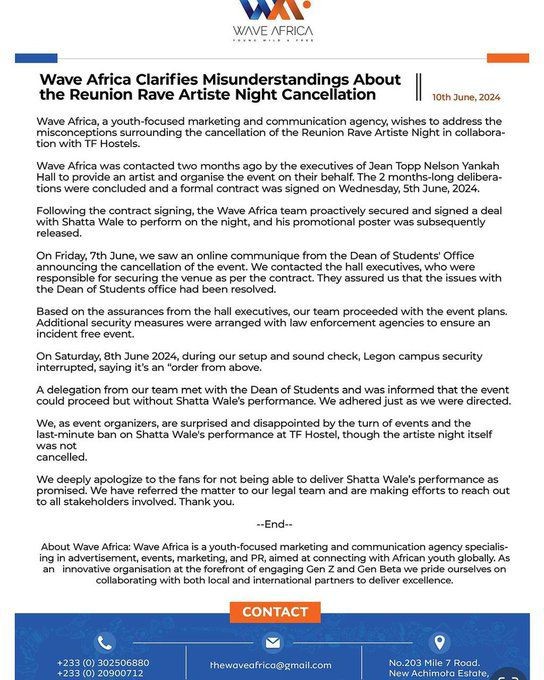 Wave Africa hints on dragging Legon to court over cancelling Shatta Wale's show
