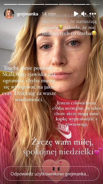 Screenshot z Instastory Anny Grejman