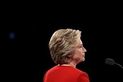 Democratic U.S. presidential nominee Hillary Clinton pauses during the first presidential debate wit