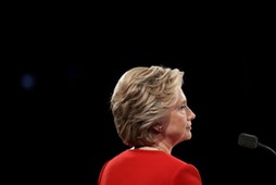 Democratic U.S. presidential nominee Hillary Clinton pauses during the first presidential debate wit