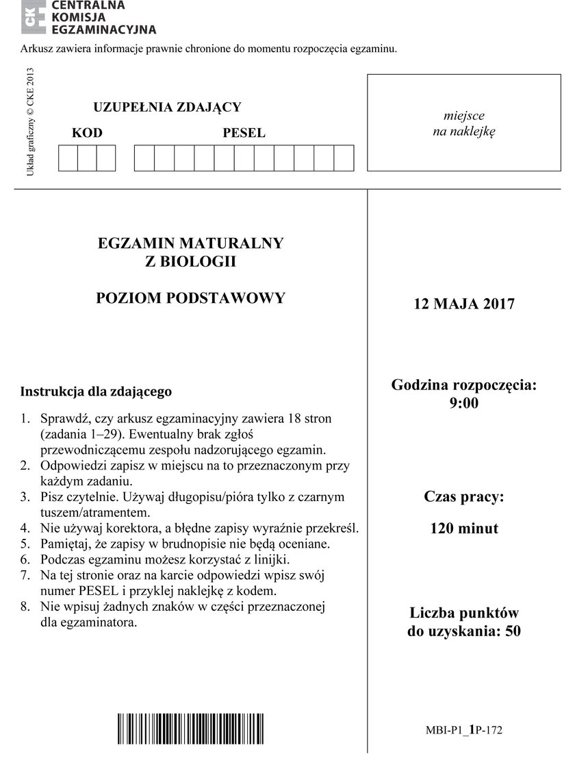 Matura 2017 z biologii poziom podstawowy. Odpowiedzi