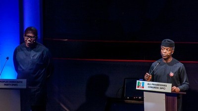 Vice President, Yemi Osinbajo (right), at the Vice Presidential Debate with vice presidential candidate of the People's Democratic Party (PDP), Peter Obi (left) in 2019