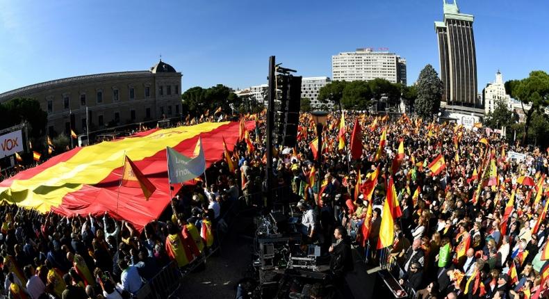 During the rally, activists unfurled an enormous Spanish flag, reportedly measuring 50 metres by 20 metres