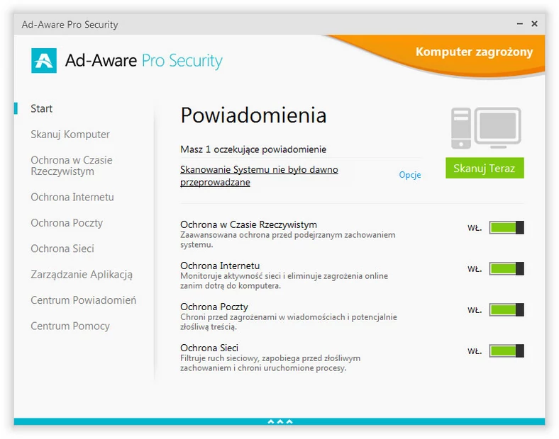 Główne okno pakietu zabezpieczającego komputery klasy PC - Ad-Aware Pro Security