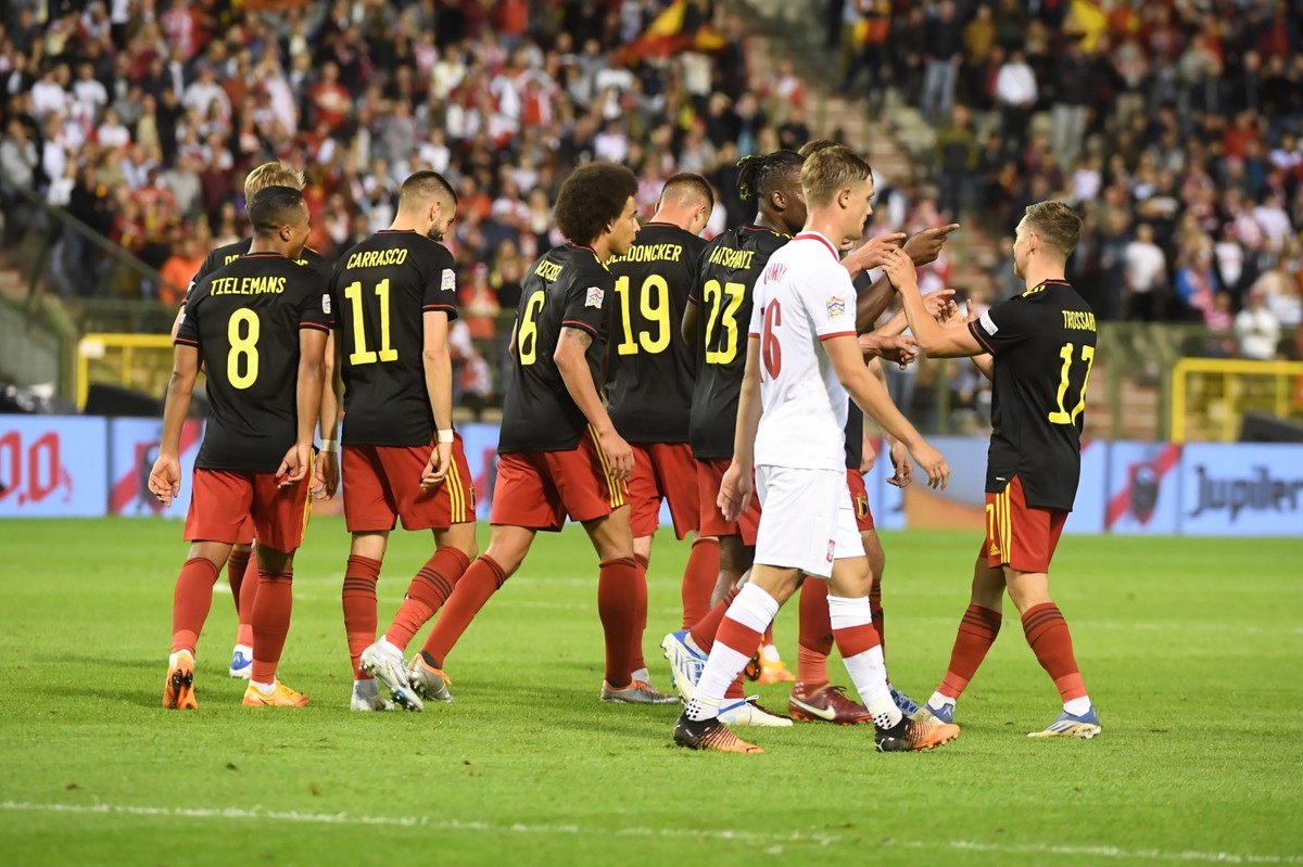 Radość piłkarzy reprezentacji Belgii po strzelonej kolejnej bramce podczas meczu Ligi Narodów z Polską w Brukseli