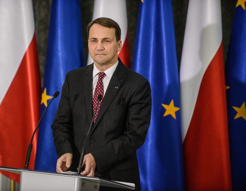 Marszałek Sejmu Radosław Sikorski podczas konferencji prasowej w Sejmie