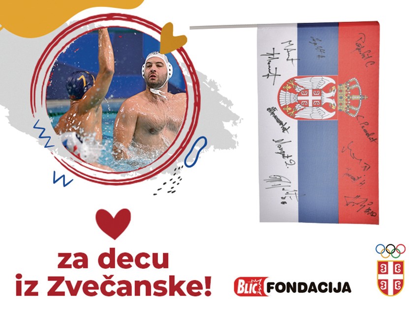 Mala zastava Srbije, koju su olimpijci nosili na svečanom otvaranju OI u Tokiju,  sa potpisima  vaterpolista - olimpijskih šampiona