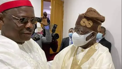 Presidential candidates of the APC and NNPP, Bola Tinubu and Musa Kwankwaso, in the 2023 general elections, captured in a warm embrace [Daily Trust]
