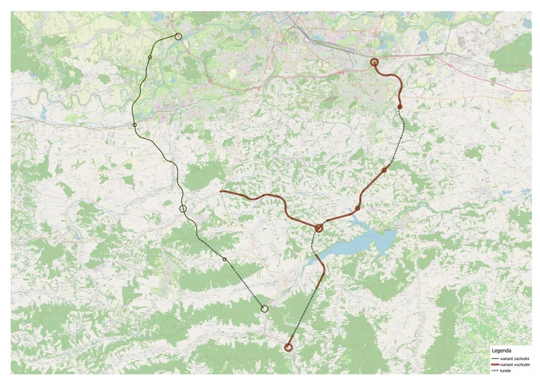 Mapa wariantów nowej zakopianki w pobliżu Krakowa