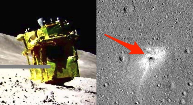 While Japan's moon-landing error caused its robot to land upside-down (left), Israeli nonprofit SpaceIL's error caused its lander to crash (right).JAXA/Takara Tomy/Sony Group Corporation/Doshisha University; NASA/GSFC/Arizona State University; Business Insider