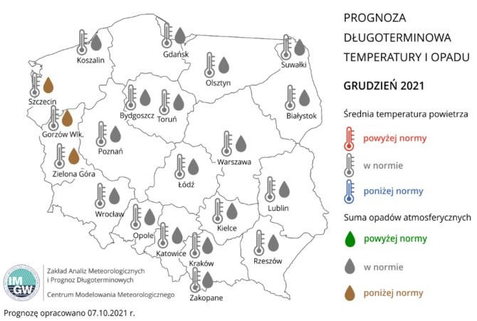 Prognoza temperatury i opadów na grudzień