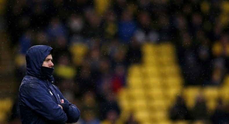 Tottenham Hotspur's manager Mauricio Pochettino watches his players from the touchline during the English Premier League football match against Watford January 1, 2017