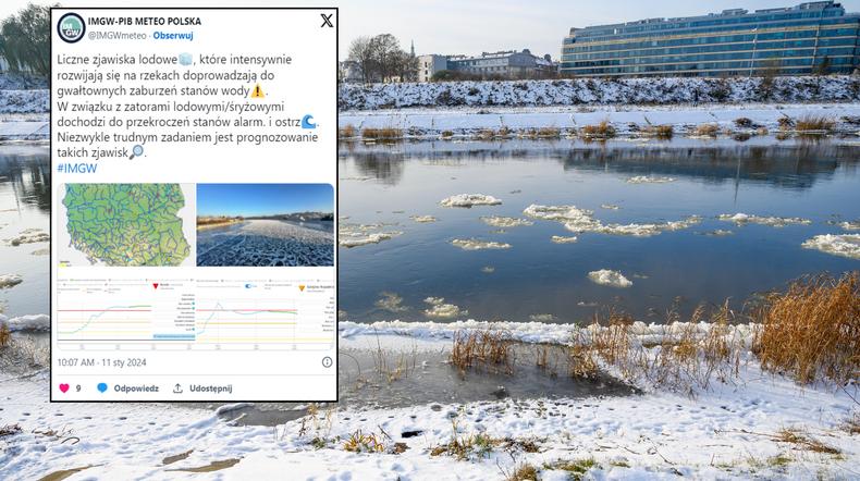 Coraz więcej rzek w Polsce skutych lodem. IMGW wystosował apel (screen: Twitter.com/@IMGWmeteo)