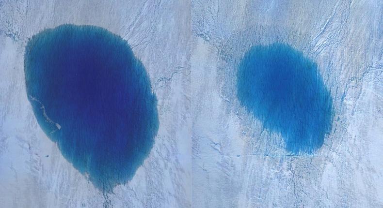 Aerial photography captured by drones from before and after showed a dark blue oval shrink into a smaller, shallower and lighter blue circle