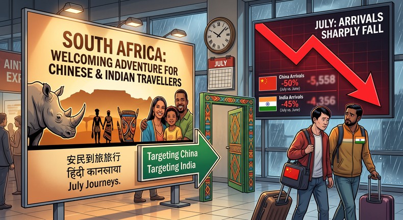 South Africa is targeting travellers from China and India, but arrivals from both countries fell sharply during July. [Gemini Generated Image] 