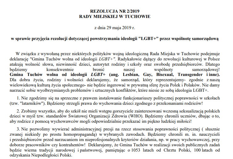 Fragment uchwały podjętej przez gminę Tuchów ws. "ideologii LGBT+"