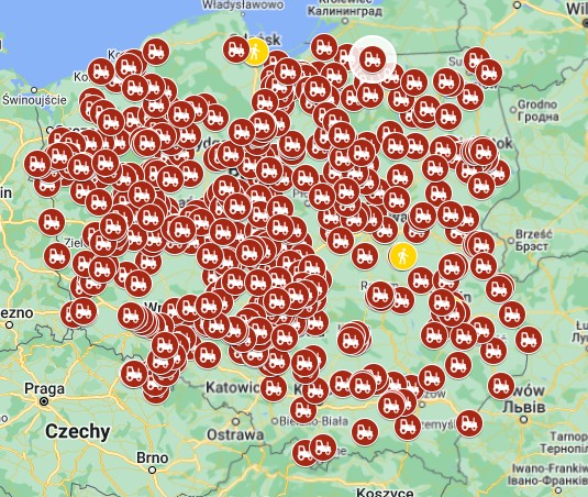 Mapa protestu rolników 20 marca 2024 roku