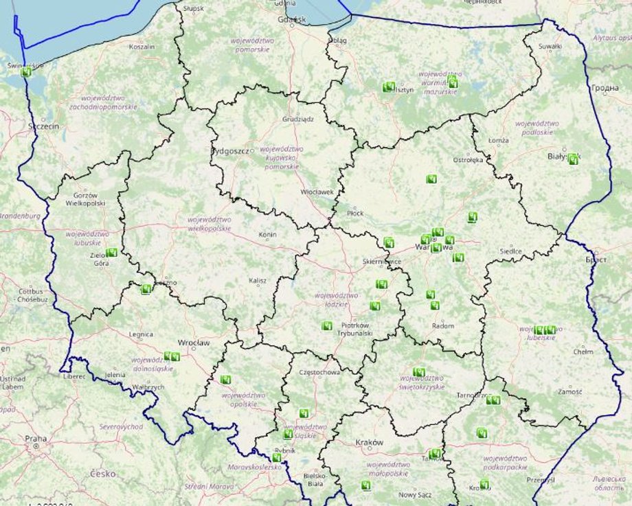 Mapa obecnych odcinkowych pomiarów prędkości