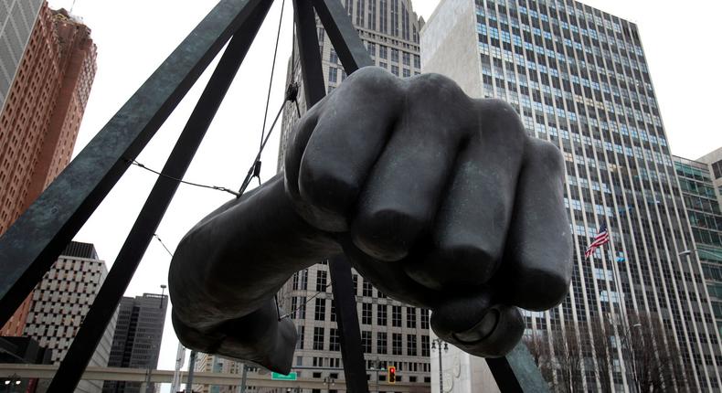 The Joe Louis fist monument in Detroit.