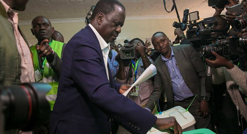 ODM party leader Raila Odinga casting his vote in Kibra during a past election. IEBC relocates 36 Kibra polling stations, over 26,000 voters days to by-election