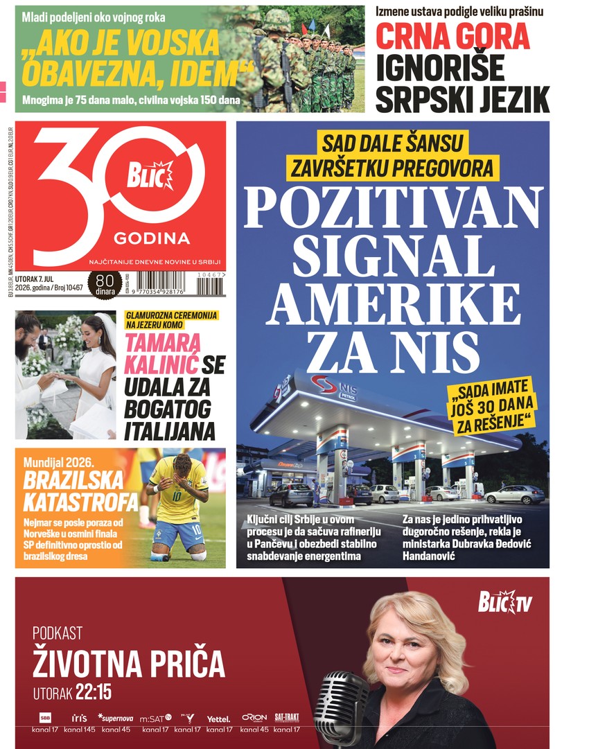 Blic naslovna strana za 7.7.