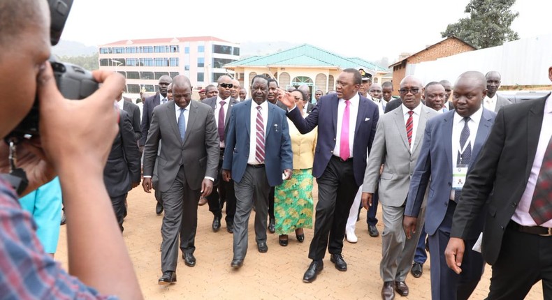 President Kenyatta with DP William Ruto and Opposition leader Raila Odinga in Kisii