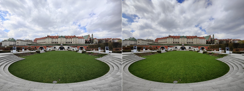 Standardowe zdjęcie szerokokątne (po lewej) oraz ten sam kadr przechwycony w ustawieniu Ulepszanie sceny AI (po prawej). Kliknij, aby powiększyć 