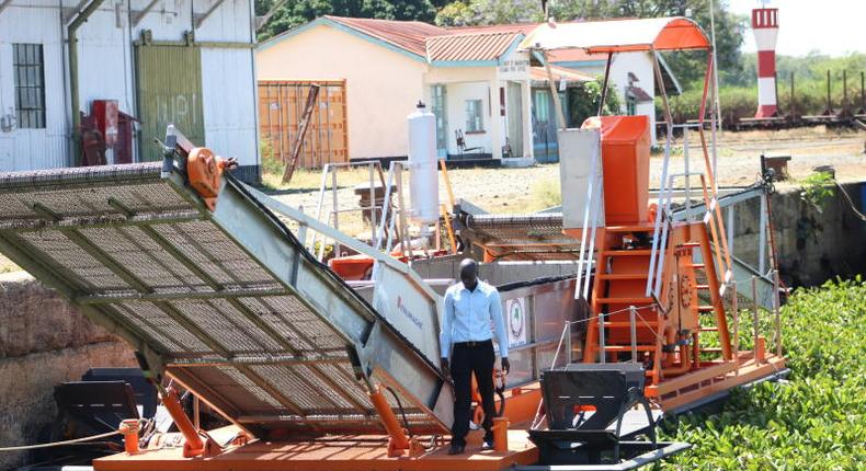 Kenya's $810,000 water hyacinth harvester lying idle at the Homa Bay Pier. (Standard)