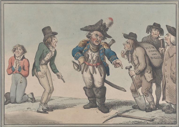 Thomas Rowlandson, "Przygotowanie do pojedynku" 1795 r., ze zbiorów Muzeum Sztuki w Nowym Yorku 