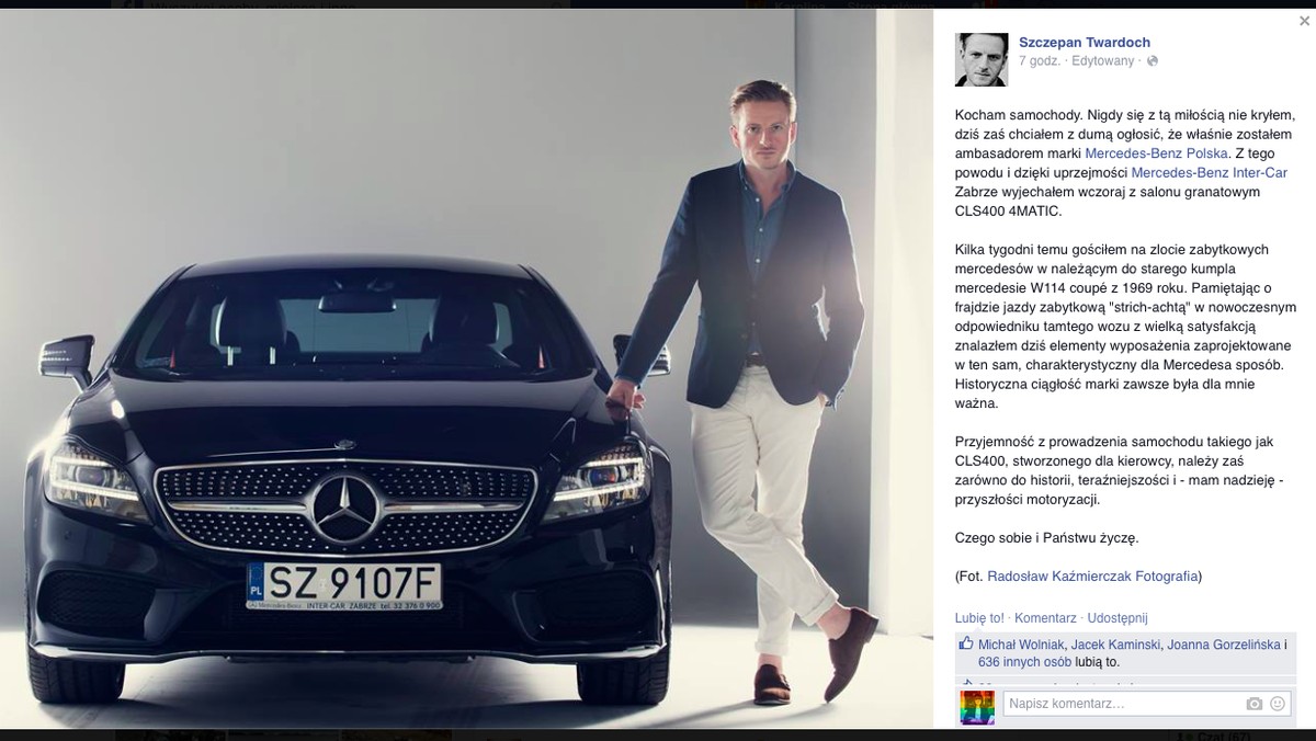 Szczepan Twardoch czyli dobry i jak zauważył Pudelek, przystojny pisarz, został ambasadorem Mercedesa. Szok i niedowierzanie. A ja mówię SUPER.