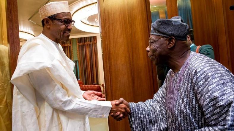 President Muhammadu Buhari meets with former president, Olusegun Obasanjo in Abuja on April 7, 2016 (Presidency)