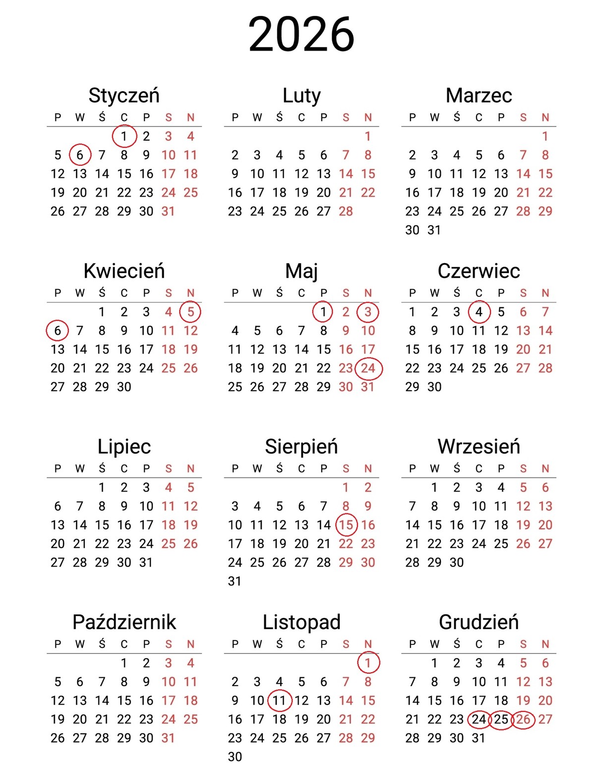 2026 kalendarz