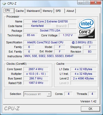 Core 2 Quad Q6700 2,66 GHz (Kentsfield), emulowany przez Core 2 Extreme QX6700