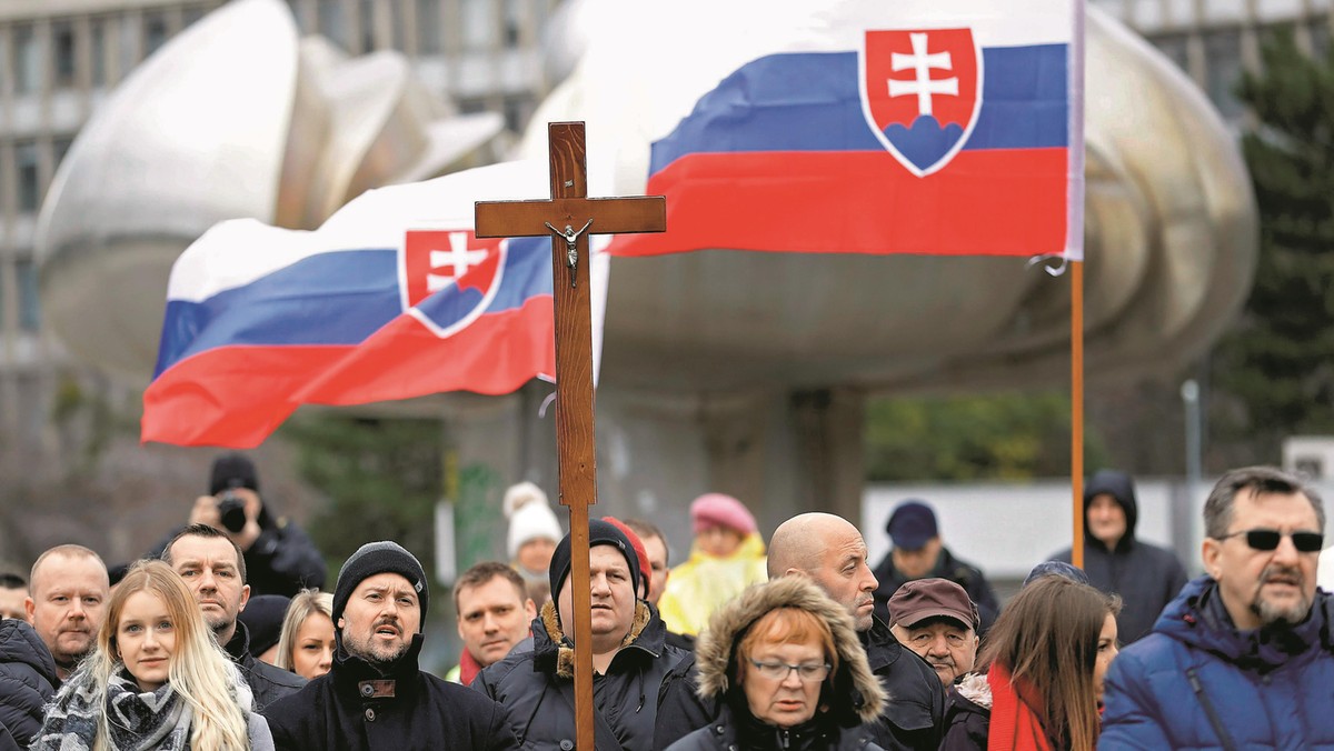 Marian Kotleba, leader of the far-right People's Party Our Slovakia (LSNS), attends a protest rally organized by religious group Slovak Convention for Family in Bratislava