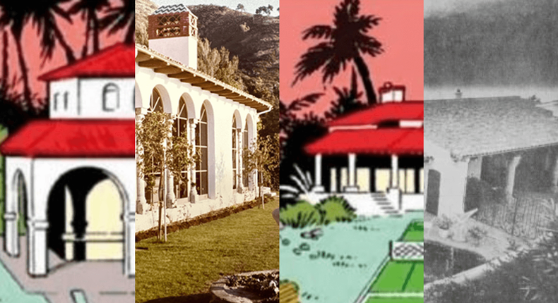 Left: The rounded archways of The Avengers Compound and The Chasan Villa, Right: The square archways in front of The Avengers Compound's tennis court and The Chasan Villa's pool