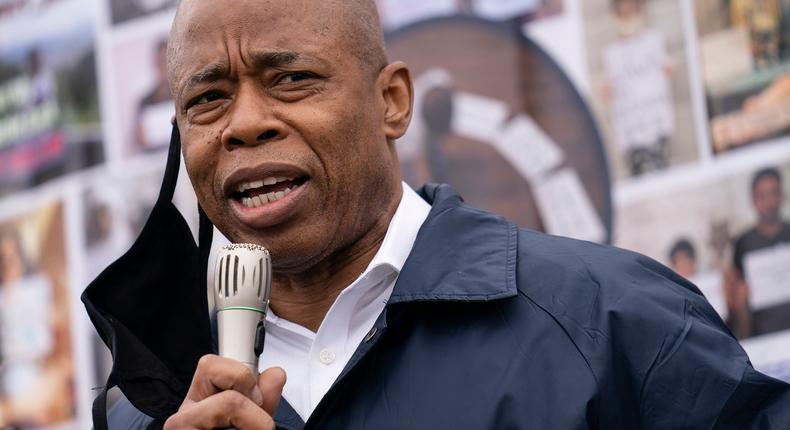 In this March 24, 2021, photo, Eric Adams, Brooklyn Borough President and a Democratic mayoral candidate, speaks during a 'I Want My Miracle Back' rally, in the Bronx borough of New York.
