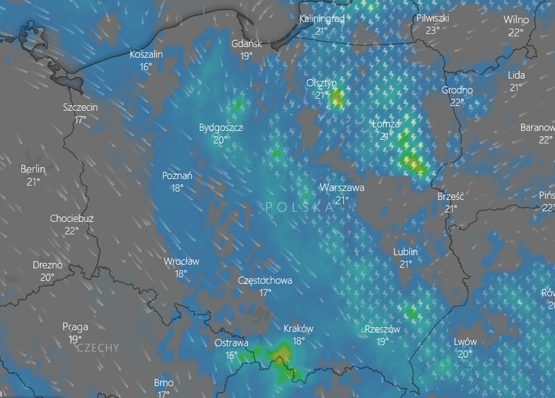 Prognoza pogody w sobotę o godz 20 - opady i burze