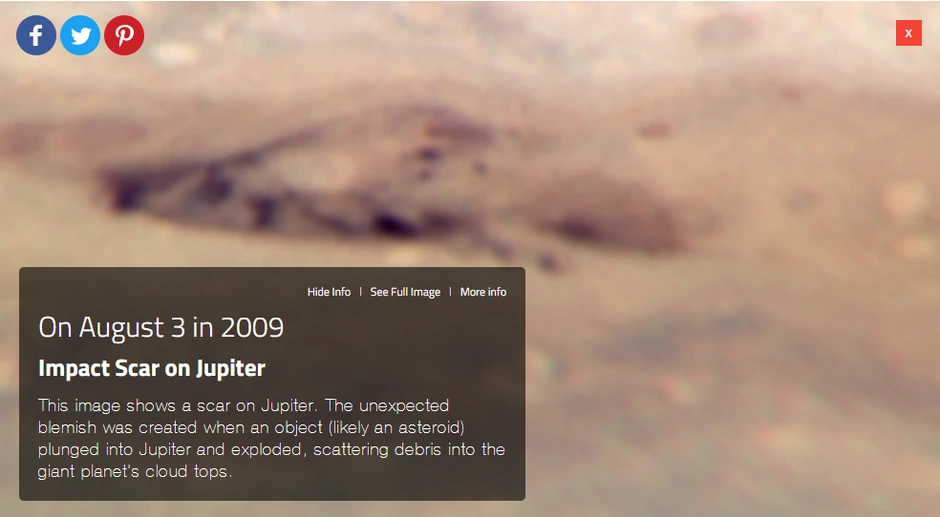 3. avgusta 2009. godine Habl je snimio veliki krater na Jupiteru koji je najverovatnije nastao udarom asteroida u ovu džinovsku planetu