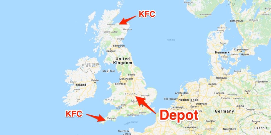 Mapa, która pokazuje centrum dystrybucyjne DHL dla KFC i dwie najbardziej oddalone od niego restauracje w Wielkiej Brytanii