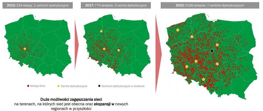 Tempo rozwoju sieci Dino na mapach