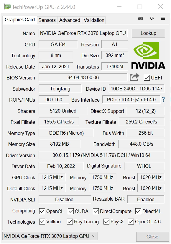 Hyperbook Pulsar V17 – GPU-Z – specyfikacja Nvidia GeForce RTX 3070 Laptop GPU [130W]