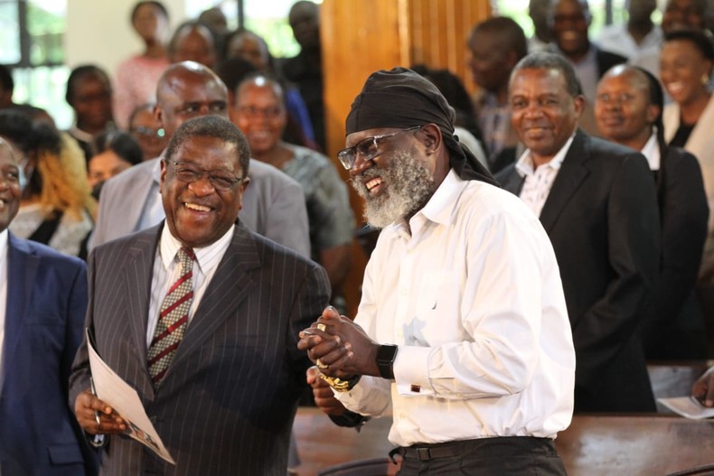 Roots Party leader George Wajackoya and former AG Amos Wako at Catherine Kasavuli's memorial mass