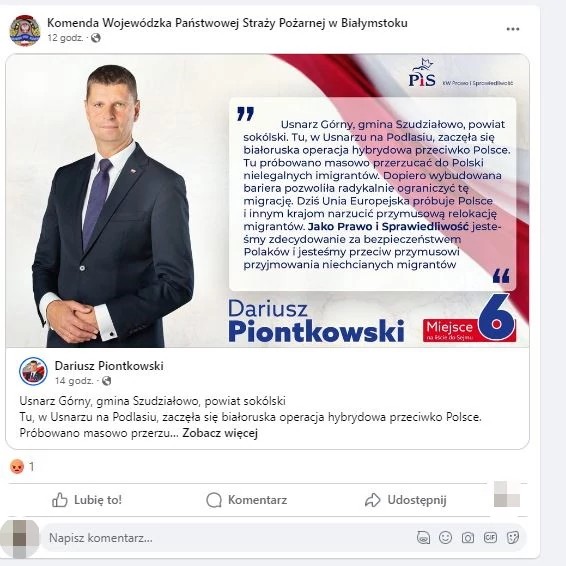 Drugi wpis pod filmem z Piontkowskim, jaki umieścili strażacy