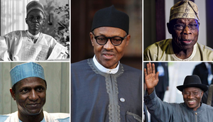 Shehu Shagari (top left), Umaru Musa Yar'Adua (bottom left), Muhammadu Buhari (middle), Olusegun Obasanjo (top right), and Goodluck Jonathan (bottom right) are Nigeria's only five elected presidents who took the oath of office, as of May 27, 2023