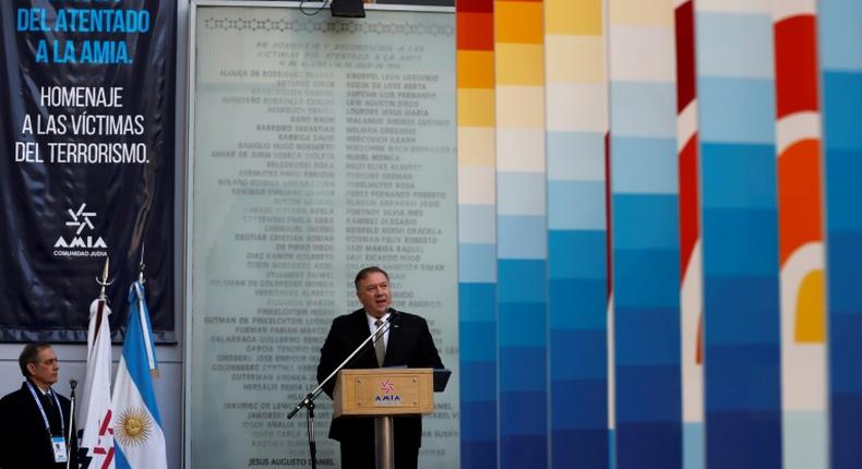 US Secretary of State Mike Pompeo speaks during a ceremony marking the 25th anniversary of the bombing at the Asociacion Mutual Israelita Argentina