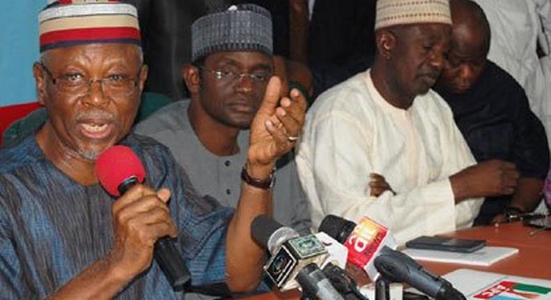 From left, All Progressive Congress (APC) National Chairman, Chief John Oyegun; National Secretary APC, Allhaji Maimala Bunni and Deputy National chairman North, Alhaji Shaibu Lawal addressing pressmen reacting to impeachment moves by Federal Government and PDP in the State of the Federation in Abuja recently