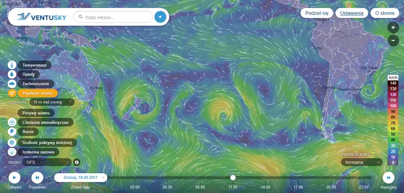 Mapę możemy wyświetlać m.in. pod kątem opadów, temperatury, wiatru, ciśnienia, burz, pokrywy śnieżnej i fal.