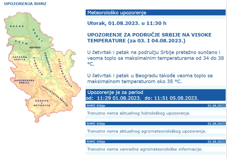 RHMZ izdao upozorenje za sredu i četvrtak