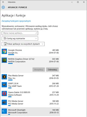 Aplikacje i programy Windows 10 są przejrzyście uporządkowane według rozmiaru.