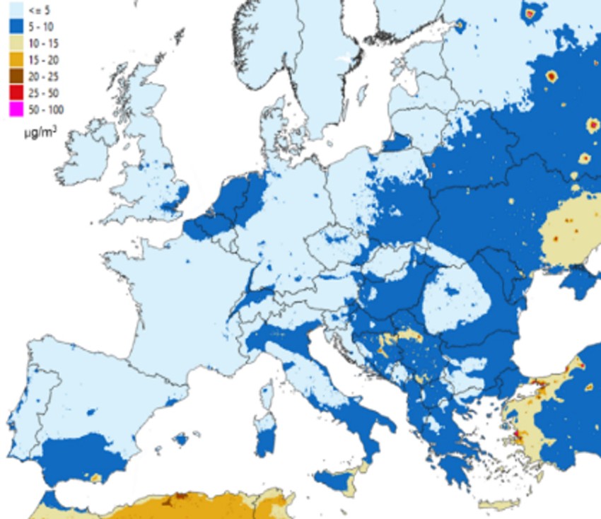 Plan EK jeste da do 2030. godine (vidi mapu) godišnja granična vrednost PM2,5 čestica bude spuštena ispod 10 mikrograma u većem delu zemalja EU